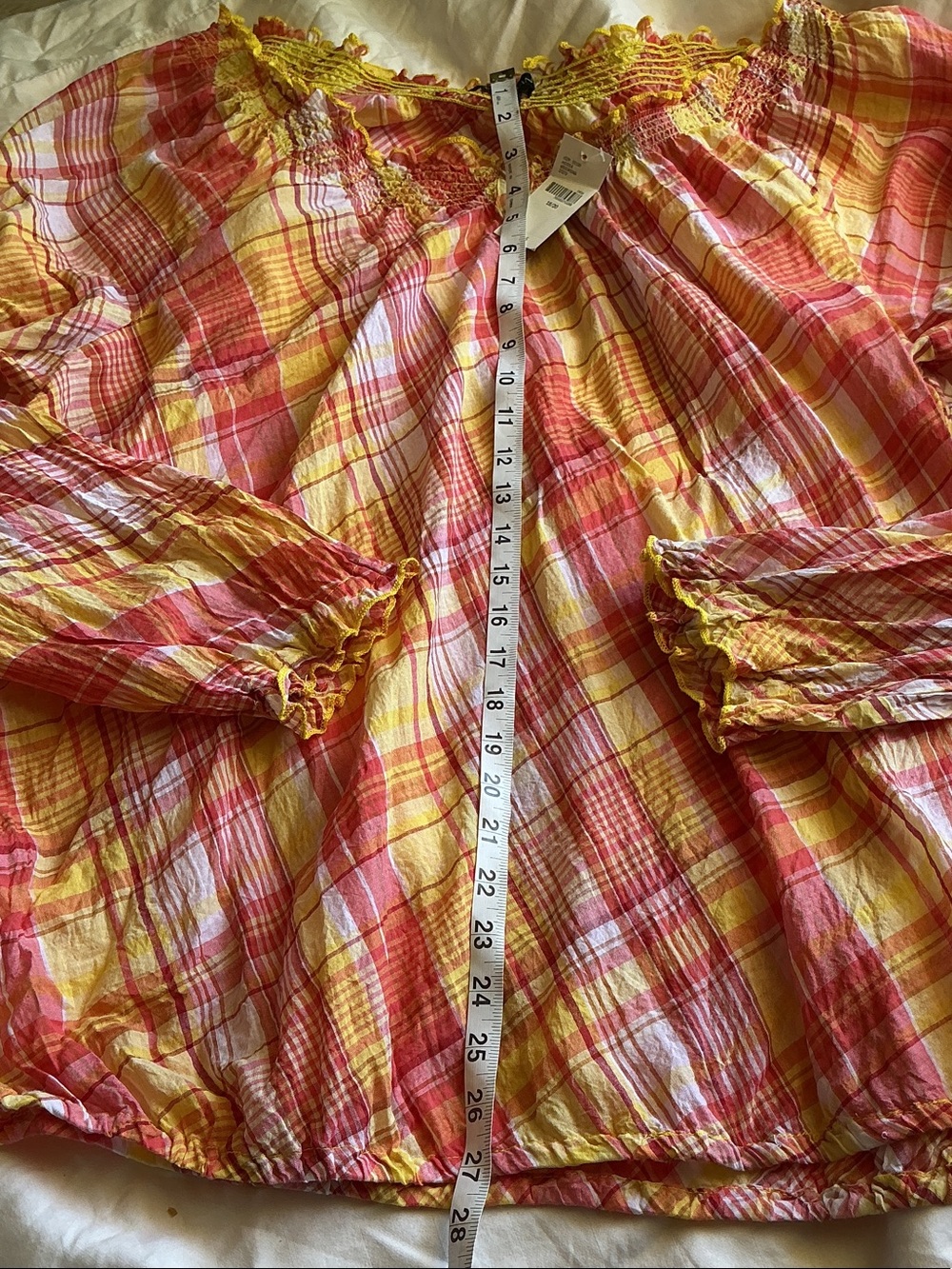Lane Bryant Yellow & Coral Plaid Peasant Blouse - Picture 6 of 11